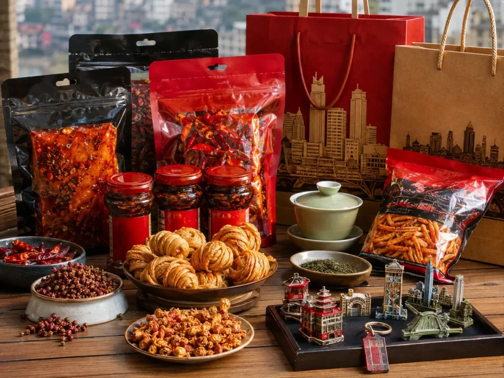 重慶必買伴手禮集合，包括火鍋底料、花椒、麻辣零食與城市紀念品